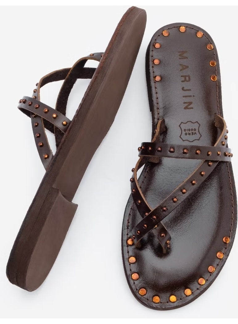 MARJIN Women's Genuine Leather Studded Flip Flops Casual Slippers Pemora - Image 2